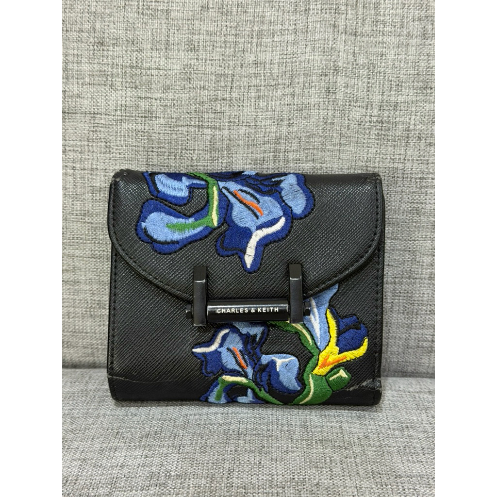 [PRELOVED] CHARLES & KEITH Van Gogh Series flower art embroidery trifold wallet in black