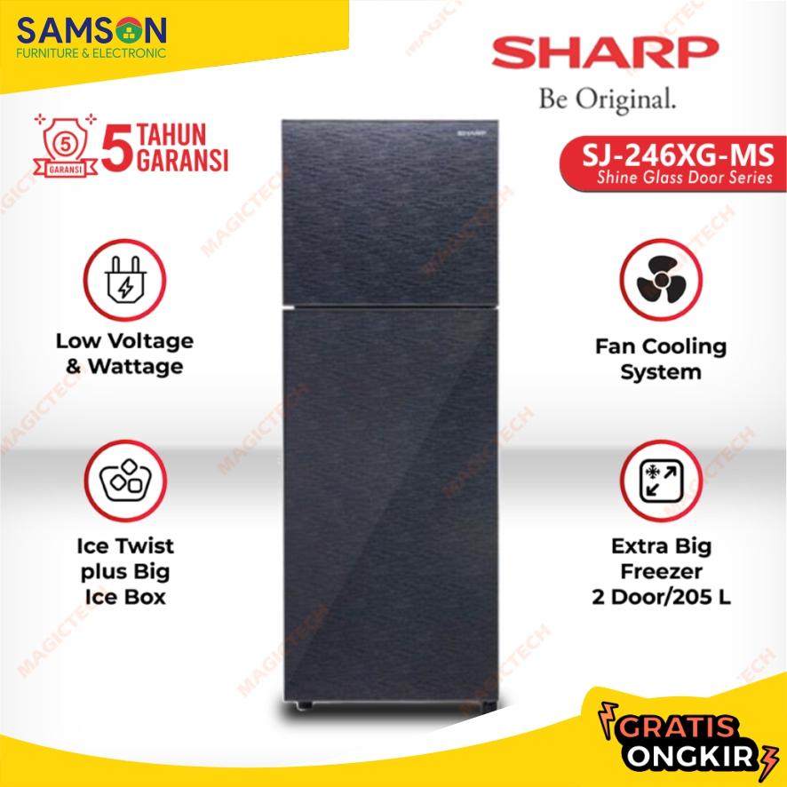 KULKAS SHARP 2 PINTU SJ-246XG-MS / SJ-246XG / SJ-246 SHINE GLASS DOOR SILVER