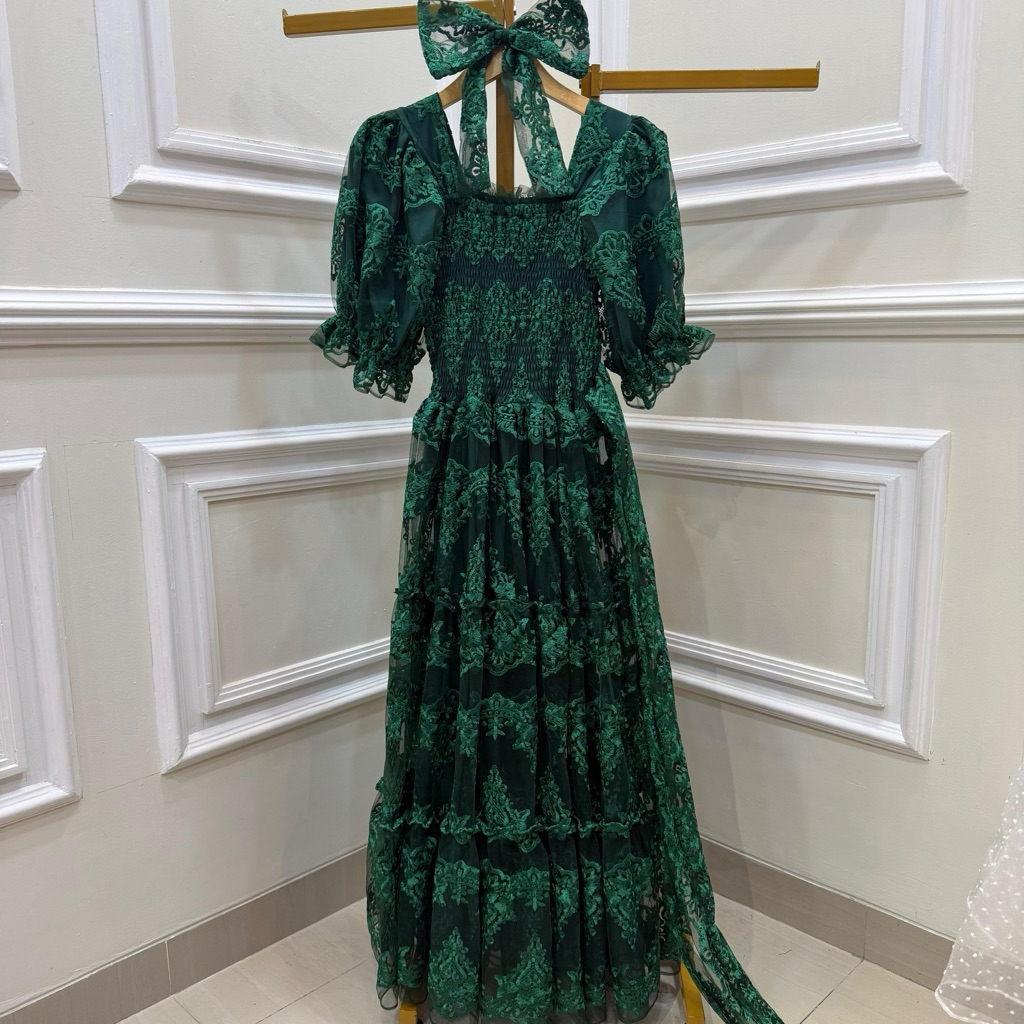 Dress Princess / Gaun Pesta / Bahan Tile Prada Hijau Botol