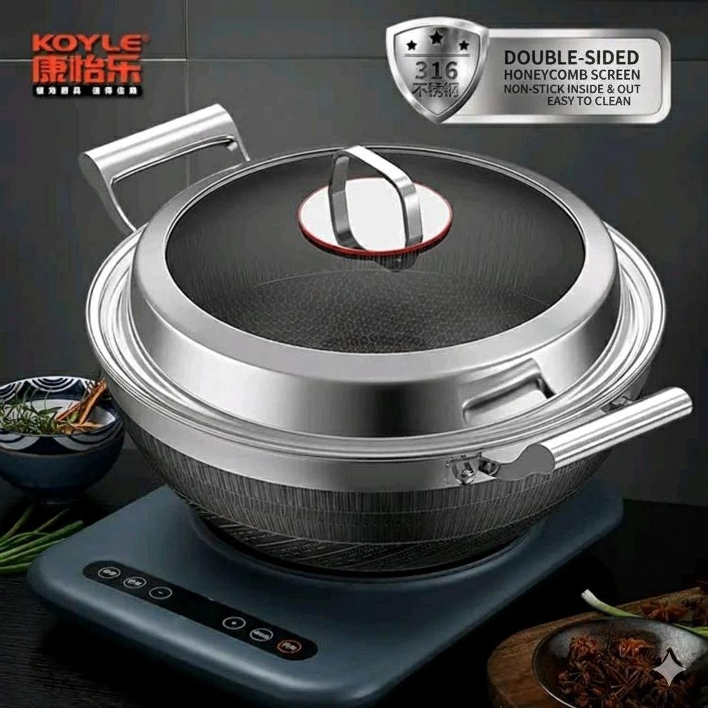 Wajan / Wok Koyle 38 CM Stainless Steel 316 Big Capacity Anti Lengket