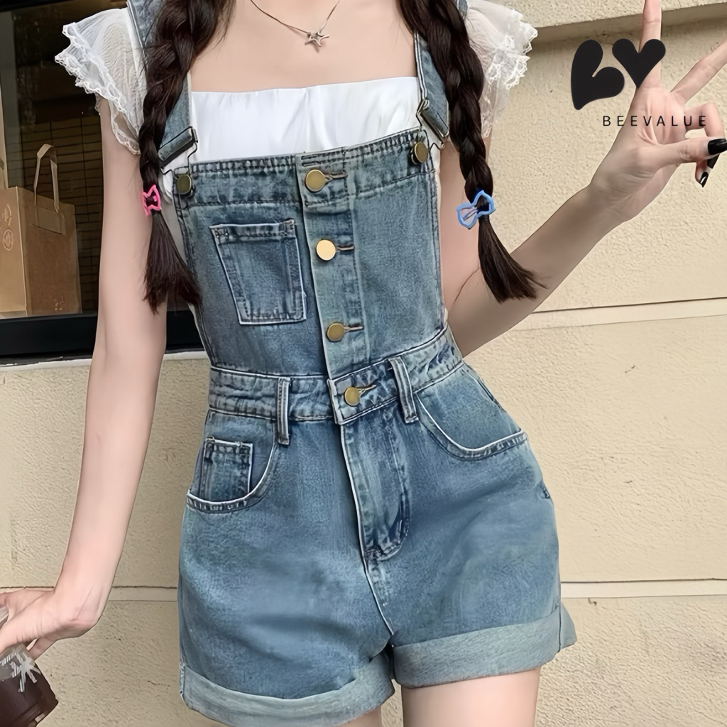 [Beevalue] Celana Jeans Pendek Overall Jumpsuit Wanita Highwaist Motif Kancing Depan  | Celana Kodok