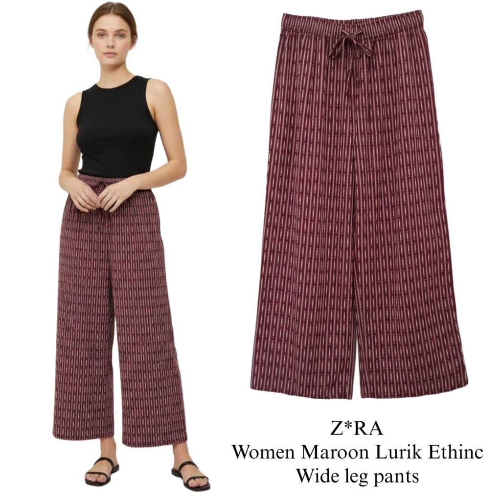 Z*RA Women Maroon Lurik Ethinc Wide Leg Pants/celana kulot wanita branded/celana kulot wanita terbar