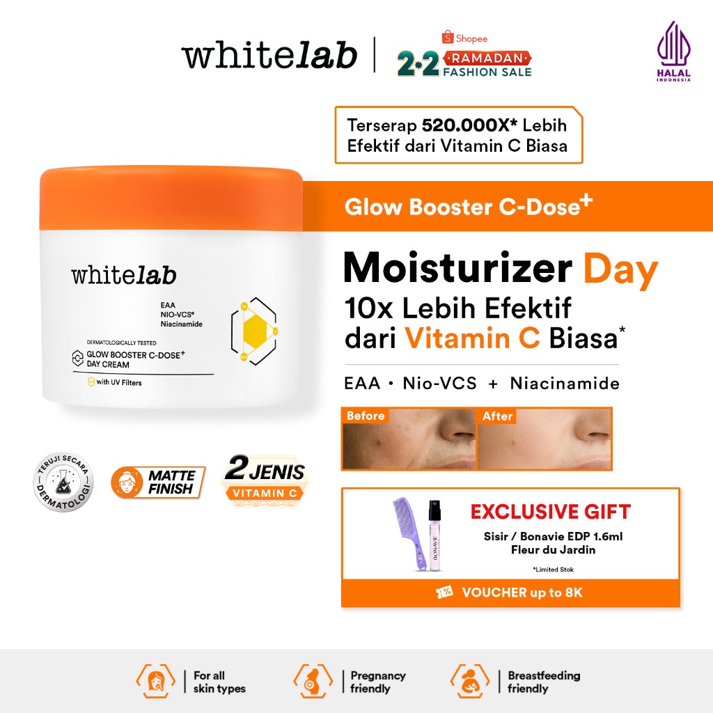 Whitelab Glow Booster C-Dose+ Day Cream - Pelembap Krim Pagi Pencerah Wajah untuk Kulit Kering denga