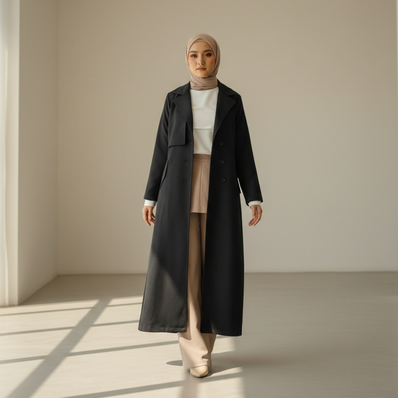 Blazer Panjang Hitam | Trench Coat Outer Panjang Wanita Elegan OOTD Kerja Stylish