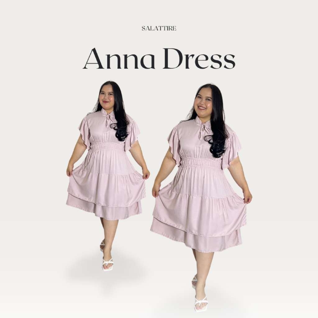 SALATTIRE Anna Dress - Midi Dress Rayon Twill Premium Lengan Pendek Casual Wanita Pinggang Karet A L