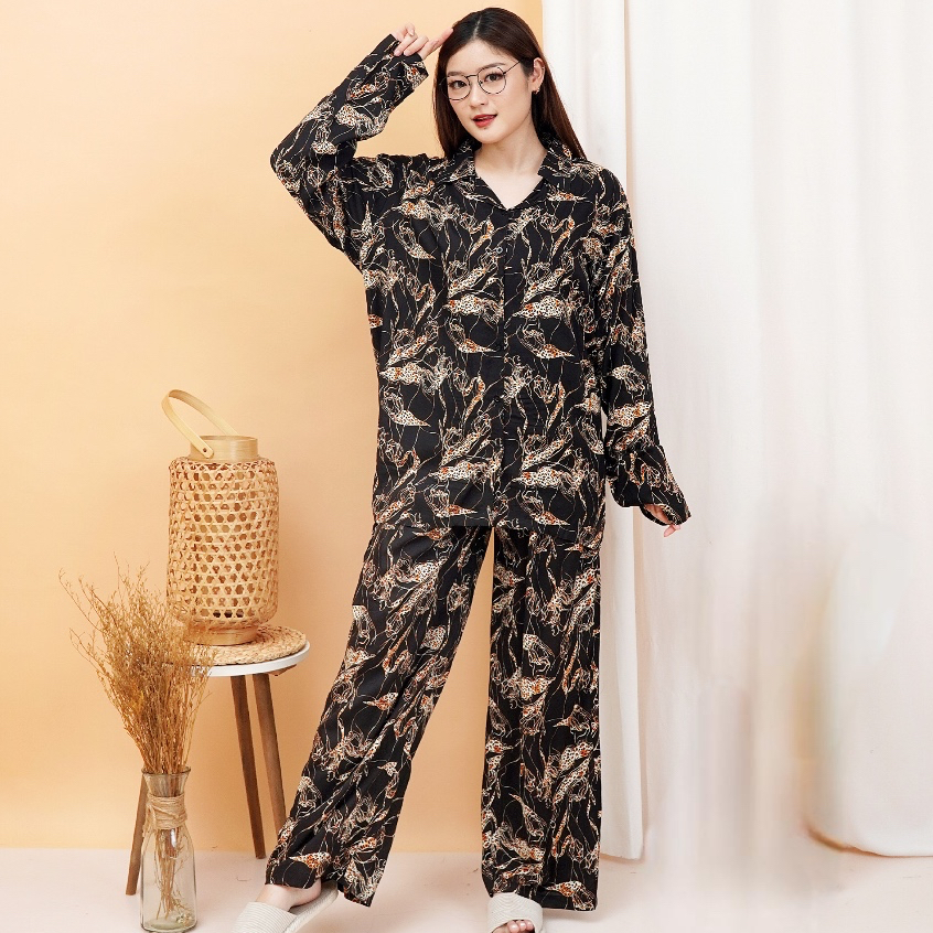 Oneset Jumbo Ld 120 Yukensi Lengan Panjang Motif Hitam macan Rayon Premium Vbee sleepwear