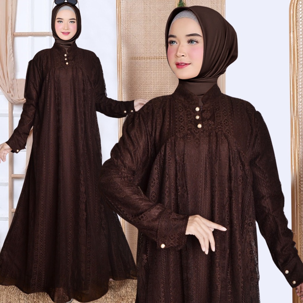 Qaira Fashion : Gamis Zarima Jumbo full brokat malika / gamis simple dan elegan all size fit to xxl