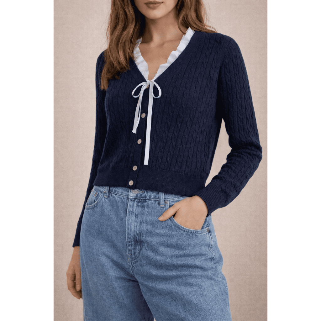 Navy Cable Knit Cardigan/mini Sweater Pita Premium Korean Style