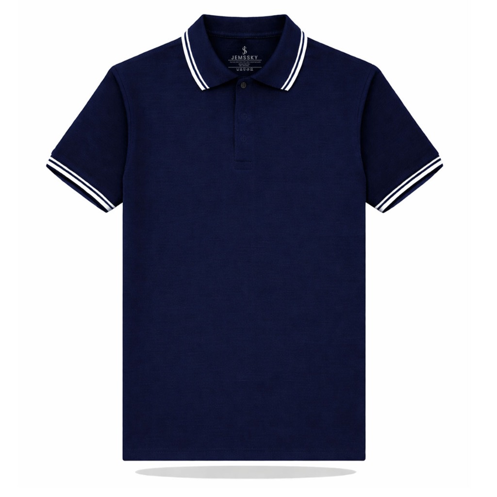 Jemssky - Polo T-Shirt Kerah Polo Shirt Polos Navy List Putih Pria Wanita