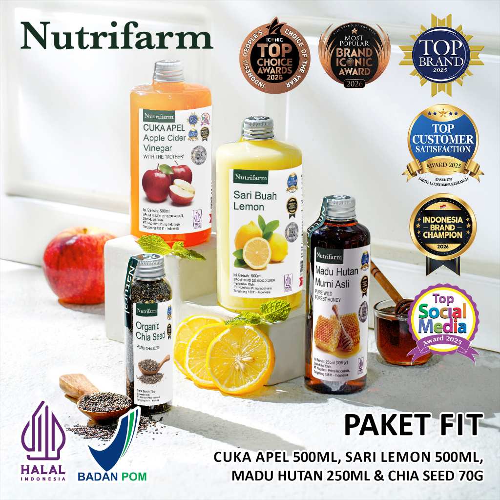 Nutrifarm Paket Fit 4 In 1 Cuka Apel Lemon Madu Hutan Chia Seed / Cuka Apel 500 ml Lemon 500 ml Madu