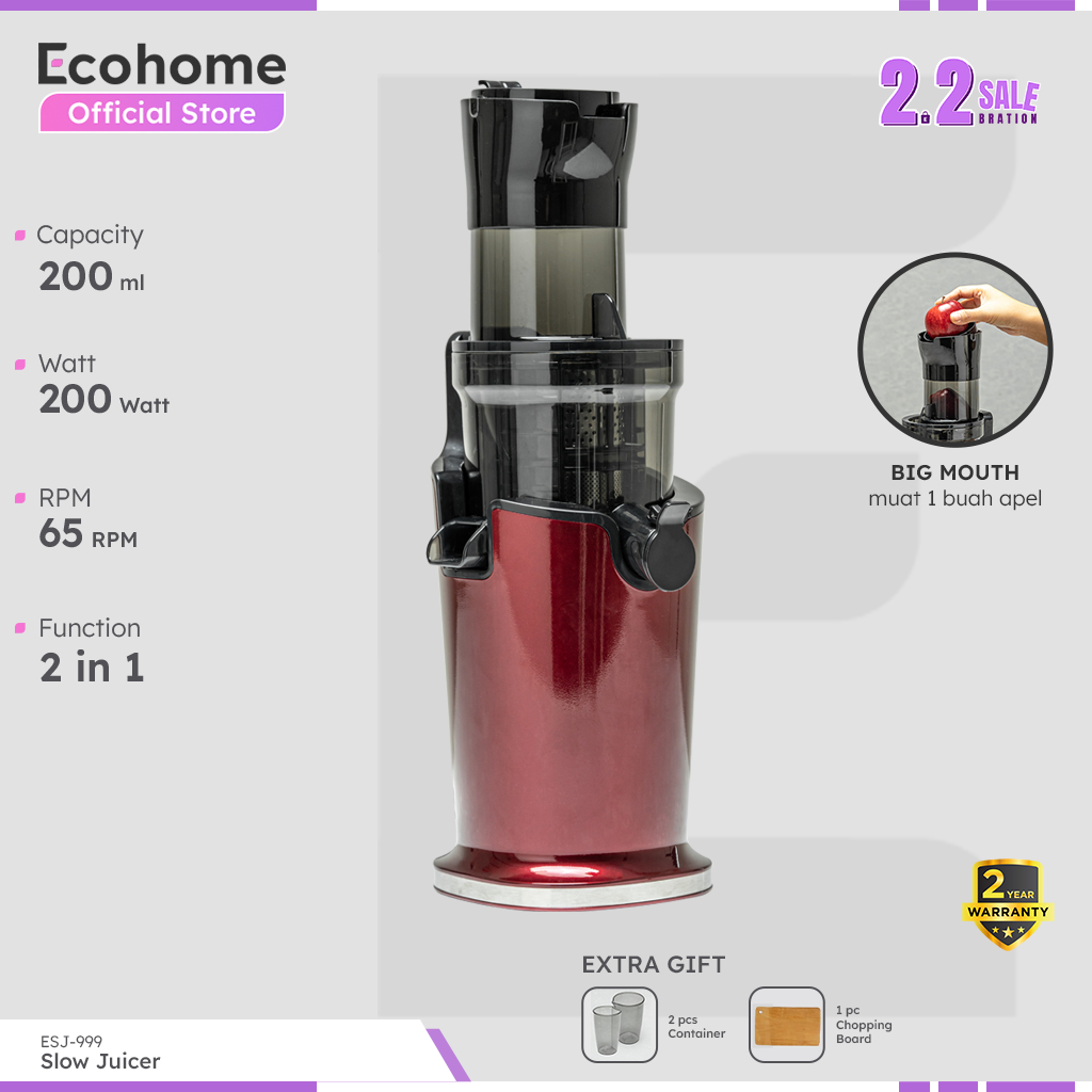 ECOHOME Slow Juicer ESJ999 2 in 1 Function Pengekstrak Buah Tanpa Ampas RPM65 Low Watt & Easy Clean