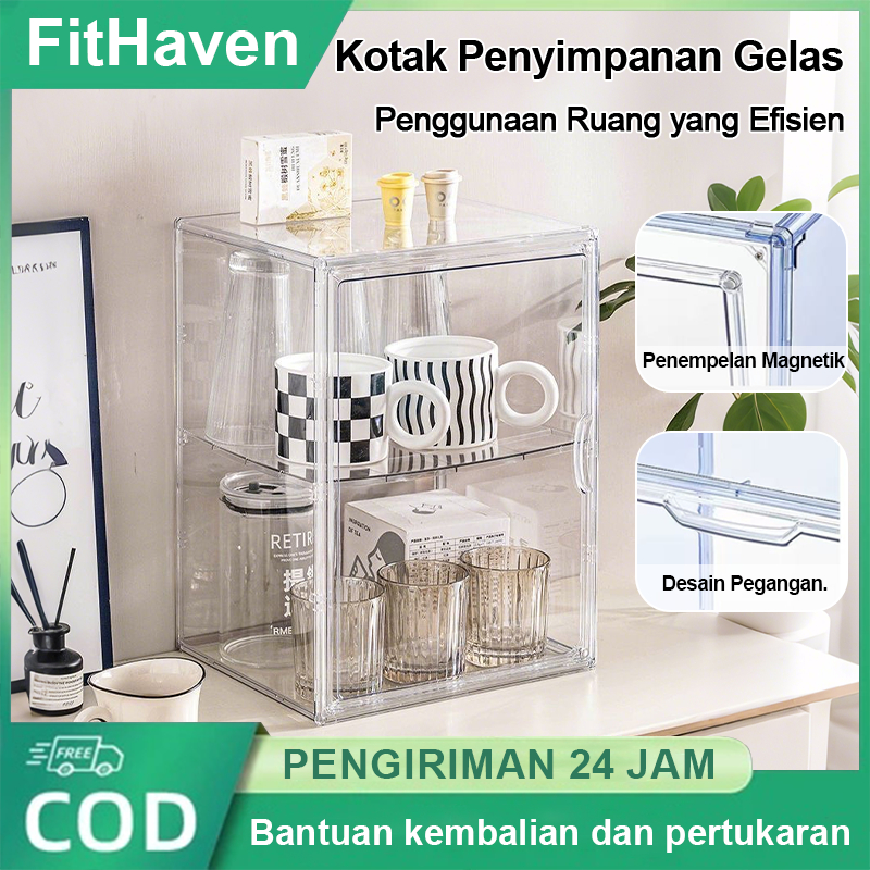 FitHaven Kotak Penyimpanan Gelas Akrilik Organizer Mug Transparan Anti Debu   Rak Penyimpanan Meja M