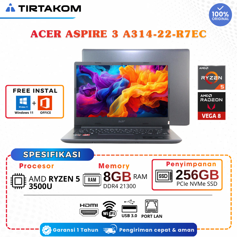 Laptop Acer Aspire A314 R7EC AMD Ryzen 5 - RAM 8GB - SSD 256Gb - VGA AMD Radeon Vega 8 - 14"