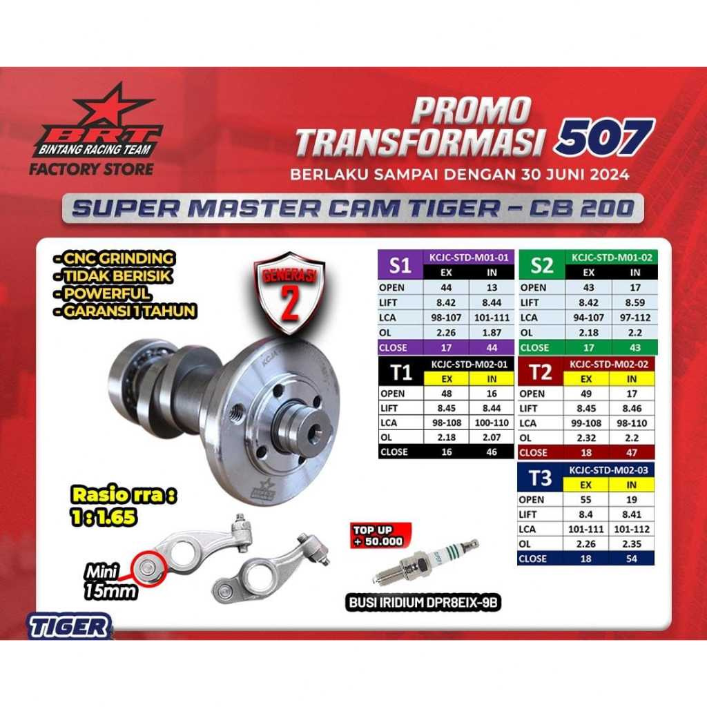 CAMSHAFT NOKEN AS ORIGINAL BRT TIGER GENERASI 2 KCJC 15MM KLEP STD TIPE S1 S2 T1 T2 T3 R1 R2 R3 R4 R