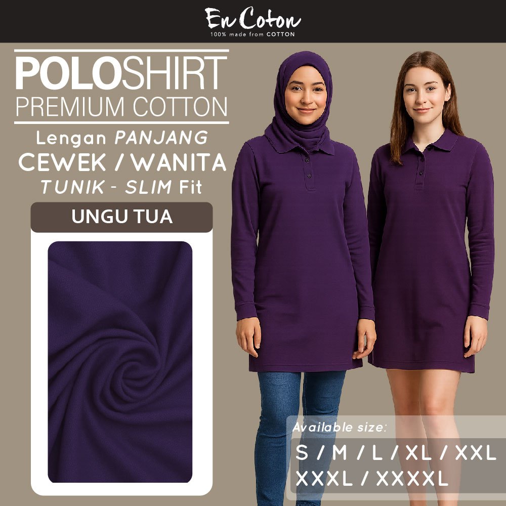 ENCOTON Kaos Kerah Polo Dress Tunik Terusan Wanita Cewek UNGU TUA Tangan Lengan Panjang