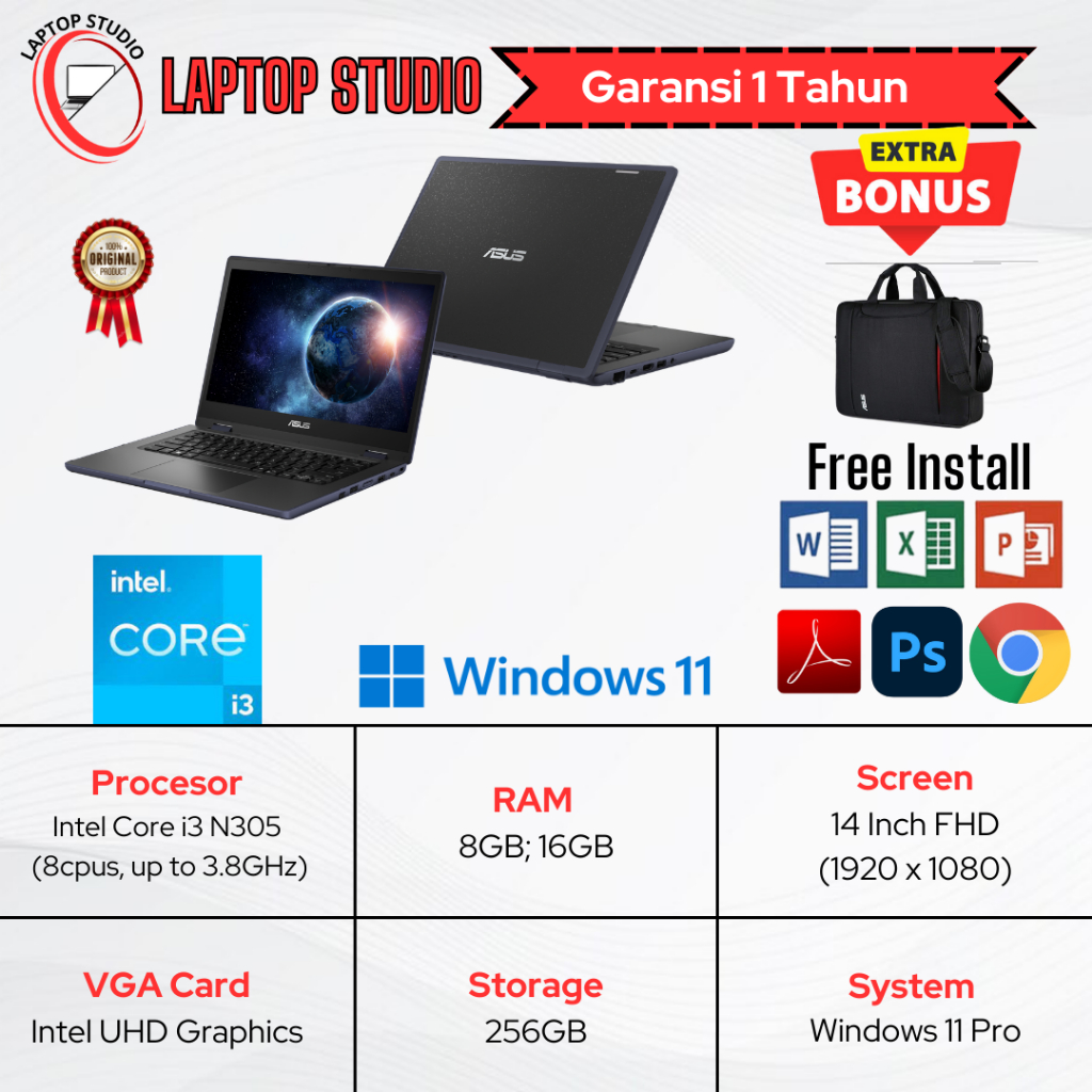 Laptop Baru Asus BR1402CG Intel Core i3 N305 (8cpus, up to 3.8GHz) SSD