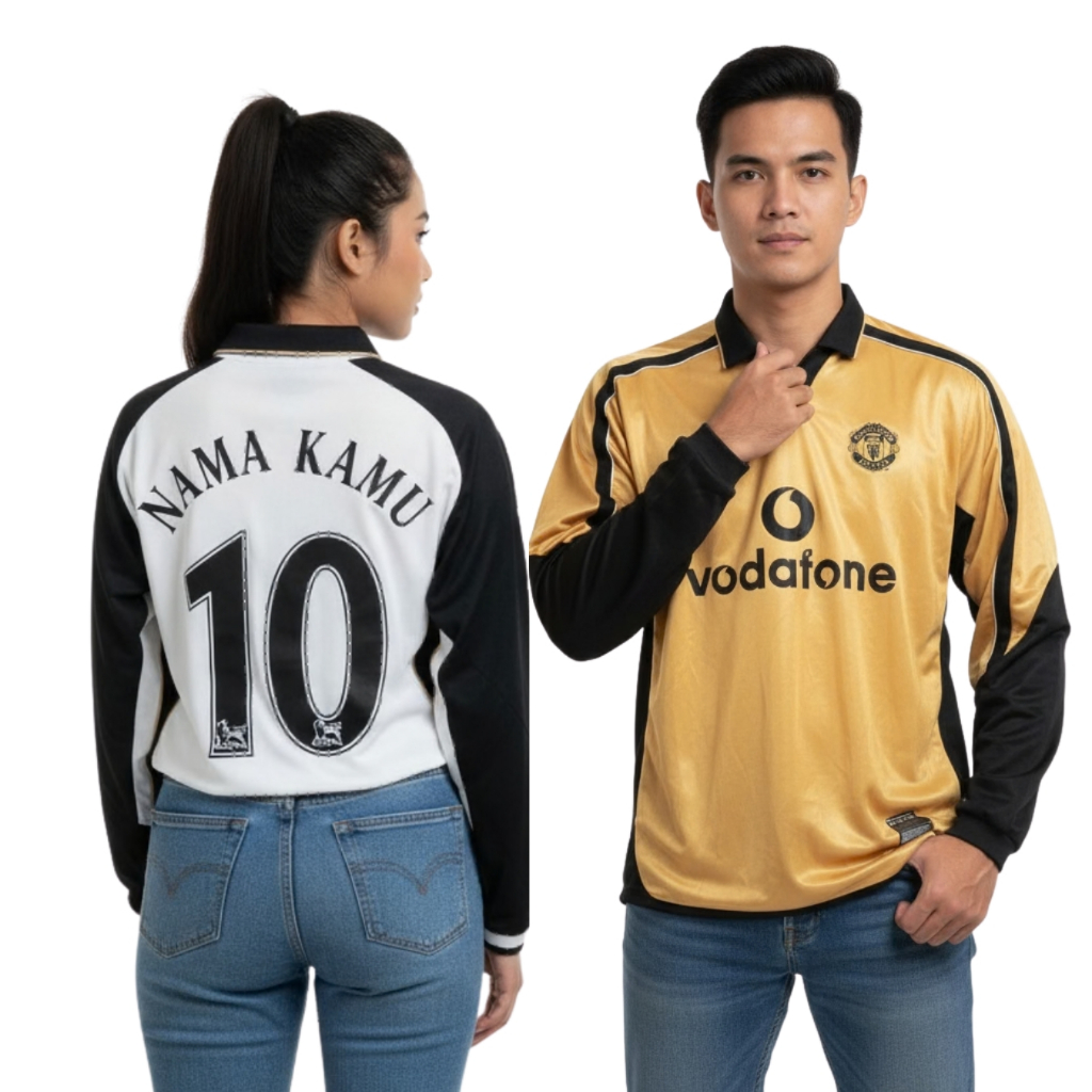 Jersey Retro LongSleve Mnchstr Untd Away Reversible 2001 2002 LS Lengan Panjang Baju Bola Putih Gold