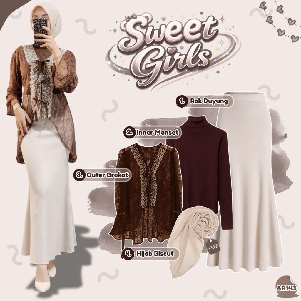 Outfit Wanita Modern Kekinian  ( Outer Brokat+Rok Duyung+Manset+Free Hijab ) Ootd Eid Mubarak- AR143