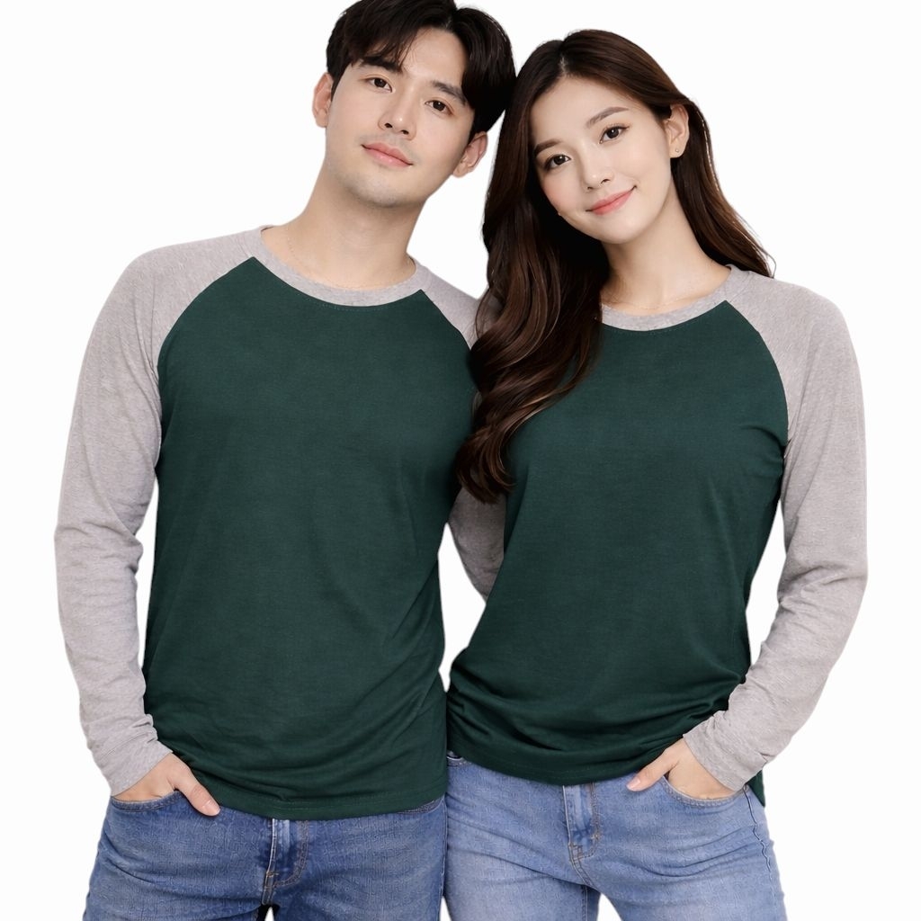 Kaos  polos raglan hijau botol lengan abu misty panjang M L XL XXL