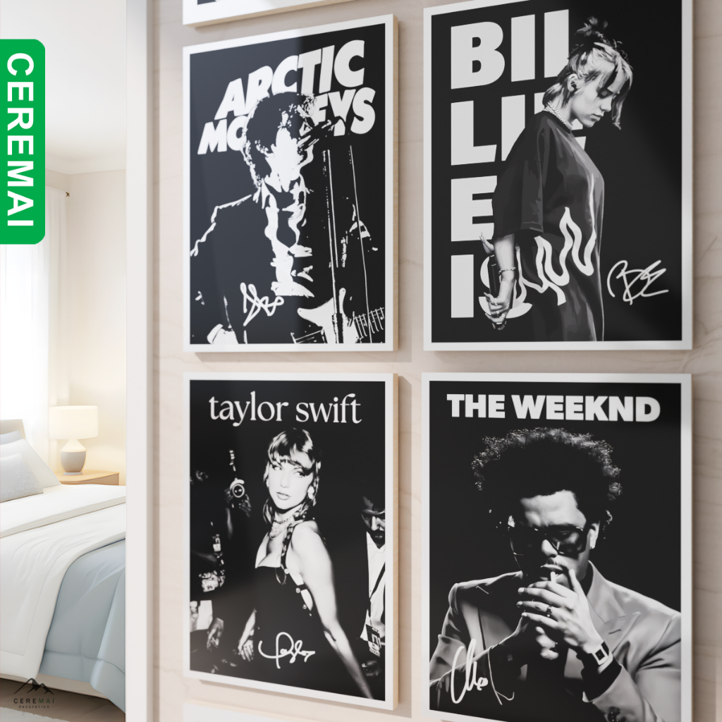 Papan Poster Musisi Band Penyanyi Internasional Musik Pop Lagu Terkenal Estetik Hitam Putih