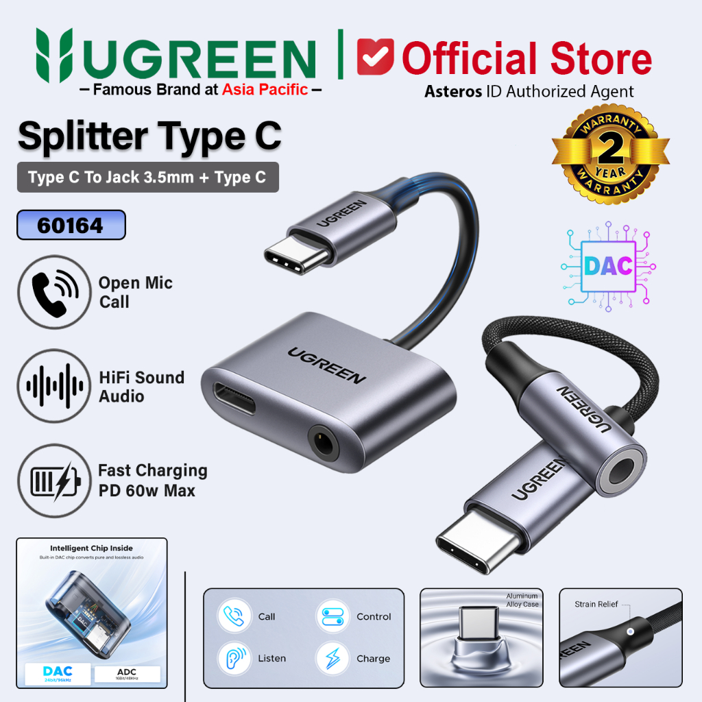 UGREEN Converter Splitter Audio Type C To Jack 3.5mm On Mic For Samsung iPad Android