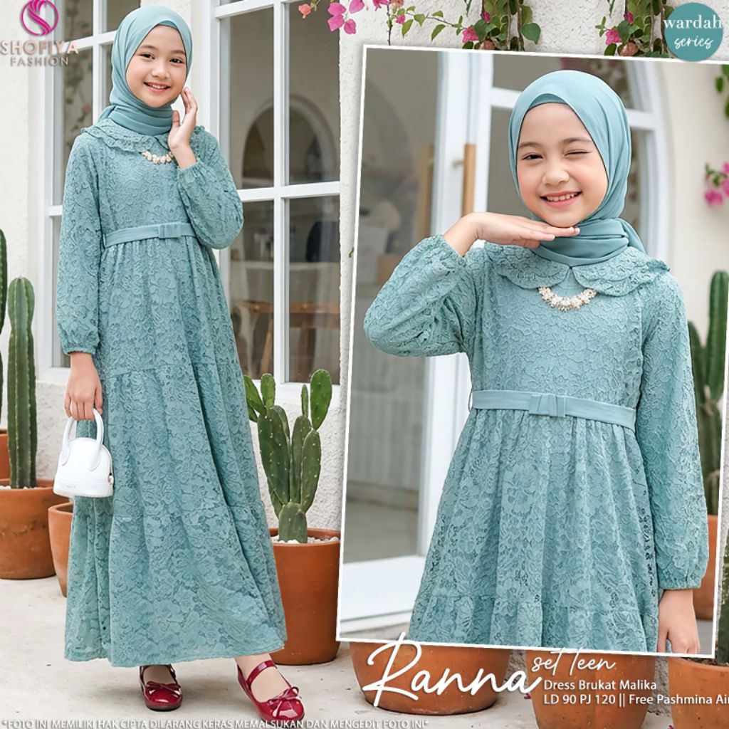 [ ata.id kids ] Ranna dress brokat muslim anak perempuan free hijab by Shofiya