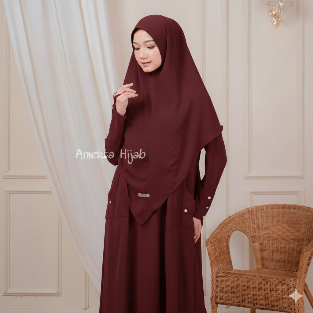 Eleganza Button Gamis Dress set Hijab syari untuk umroh lebaran kajian by Amerta Hijab