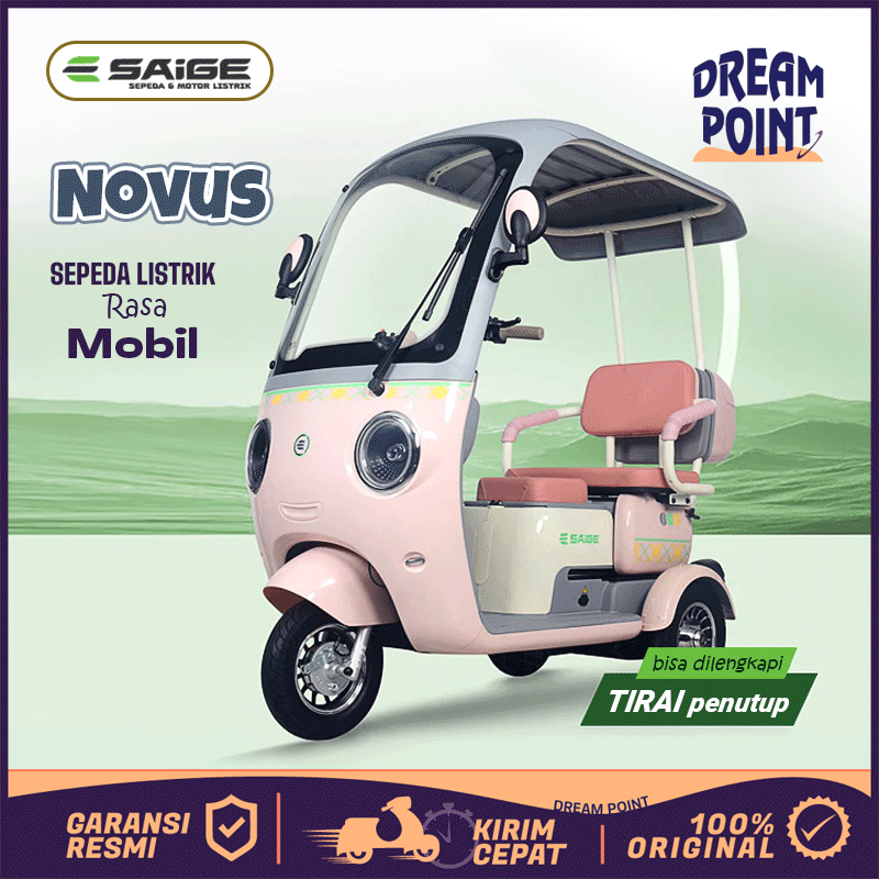 Sepeda Listrik Roda 3 SaiGe NOVUS e bike Roda Tiga Model Terbaru Pink lucu Dewasa Anti Air Garansi