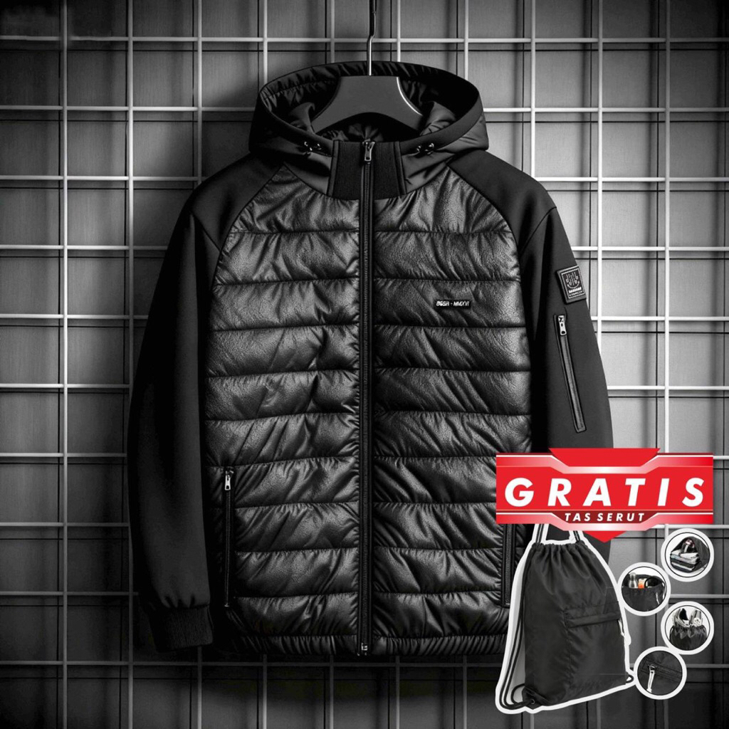 Jacket Outdoor Puffer Hitam Lengan Fleece