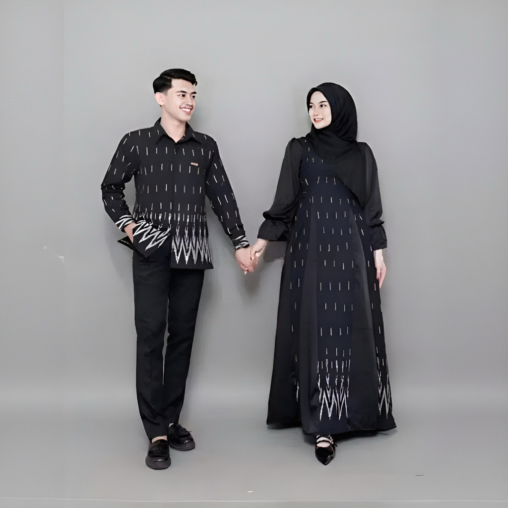 Baju Tenun Couple Pasangan Kondangan Dres Wanita Hitam kemeja pria Lenggan Panjang Maya Baju Lebaran