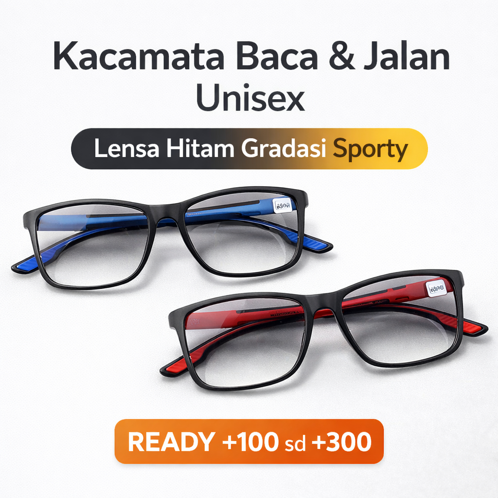 Kacamata Baca Dan Jalan Pria Wanita Sporty Lensa Hitam Gradien Kaca Mata Plus Auto Focus