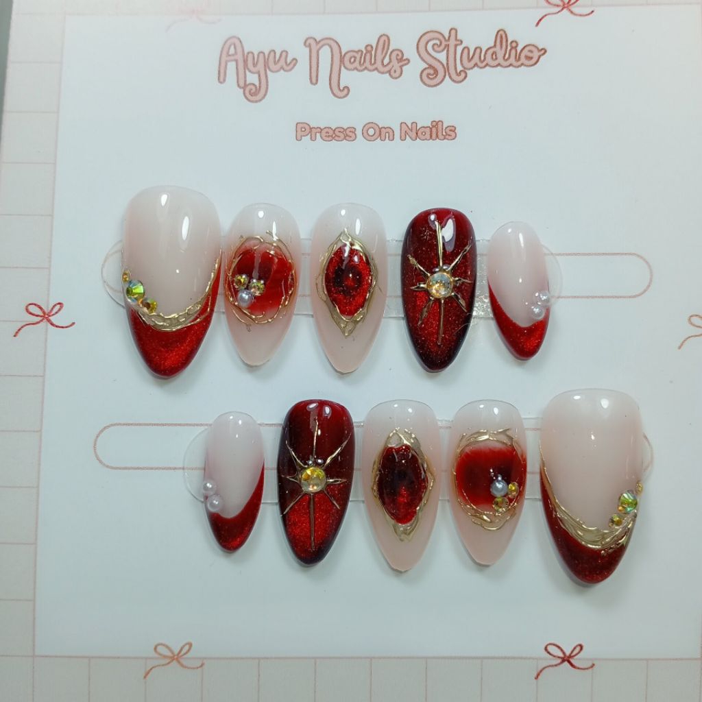 PRESS ON NAILS KUKU PALSU MERAH MAROON CAT EYE CHROME GOLD FREE TOOLKITS