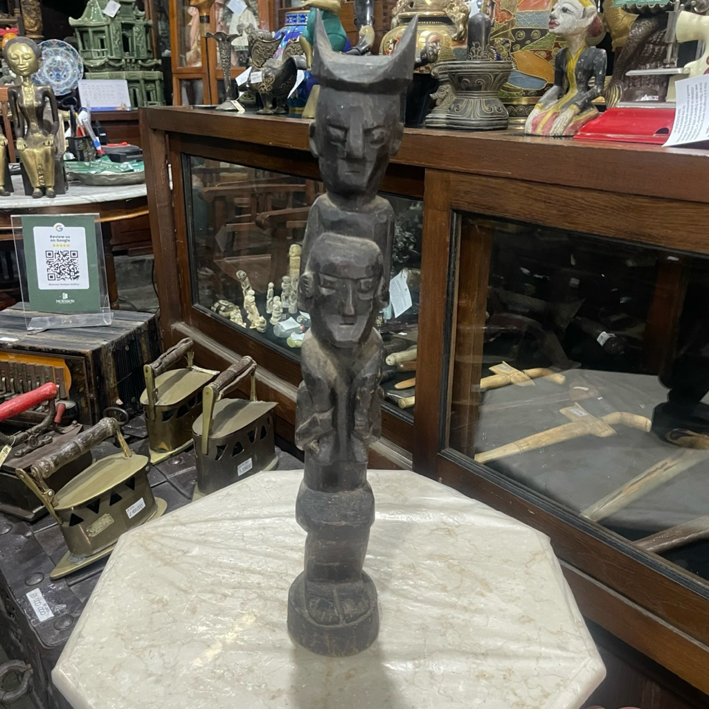 Patung Kayu Totem Afrika Pria Bertumpuk Lawas Jadul Tua