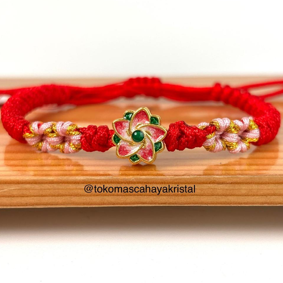 Gelang Tali Emas Charm Bunga Teratai Merah Hijau 24k HK Hongkong 999% - Gold Charm Bracelet