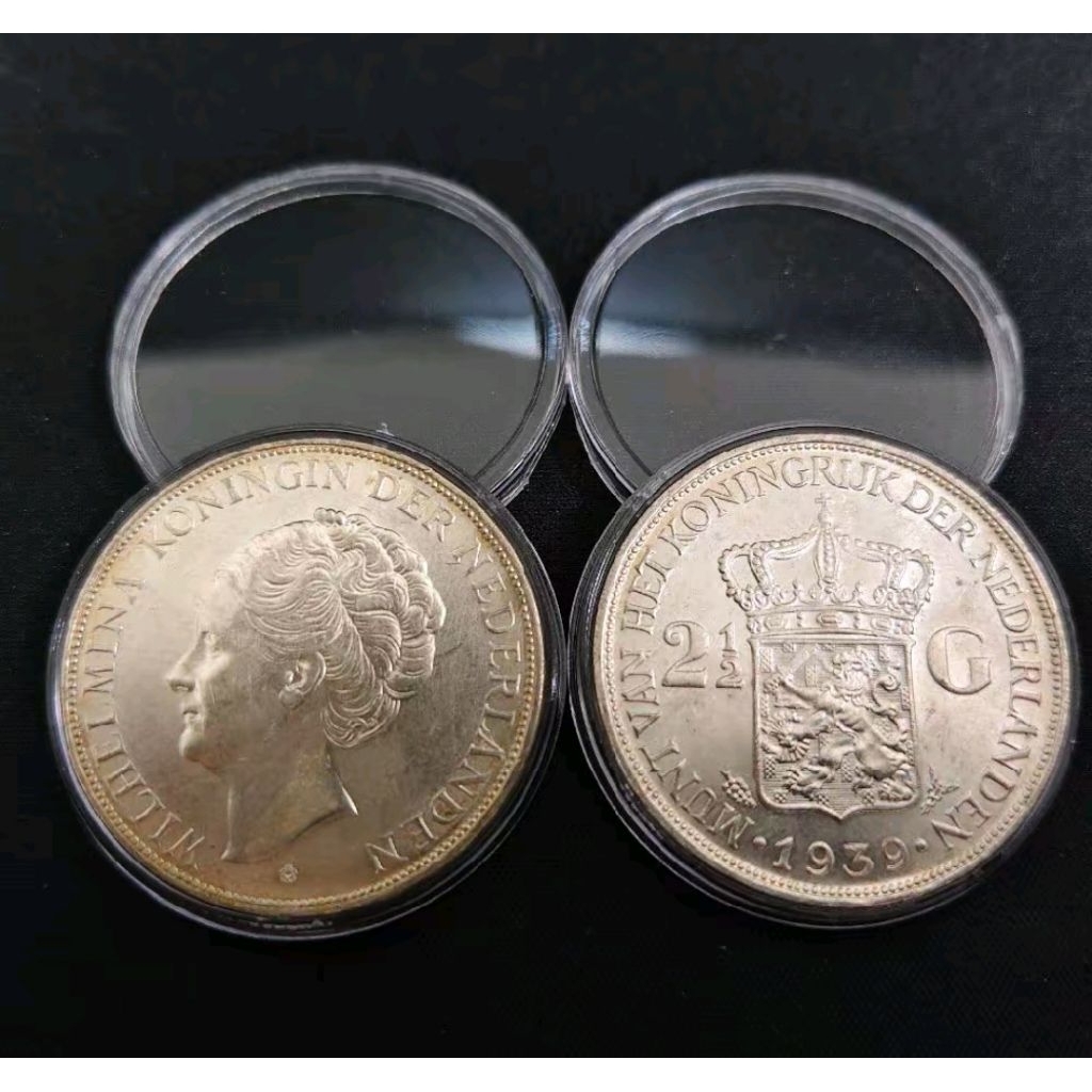 Koin Perak Silver Wilhelmina 2.5 Gulden Asli 25 Gram   Tahun 1939 Lustre berkilau