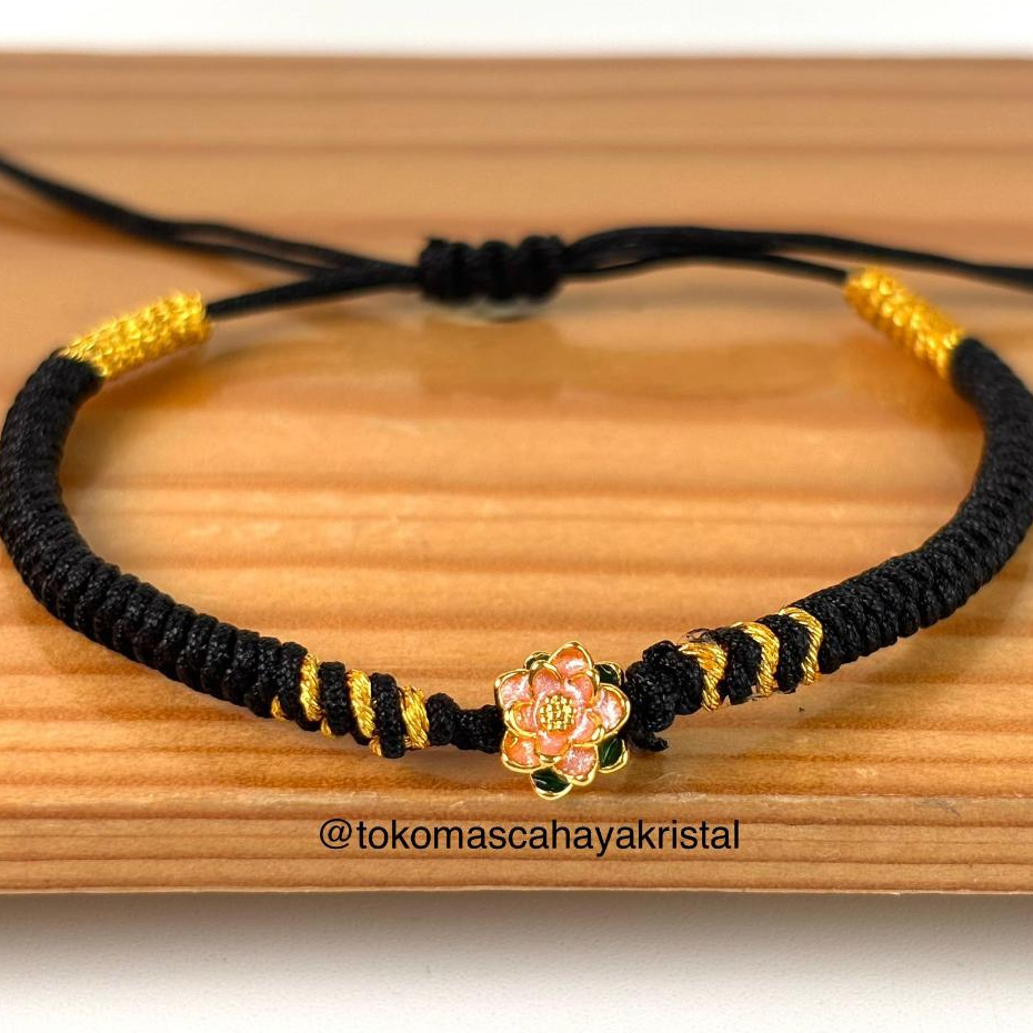 Gelang Tali Emas Charm Lotus / Bunga Teratai Pink Hijau 24k - Gold Bracelet