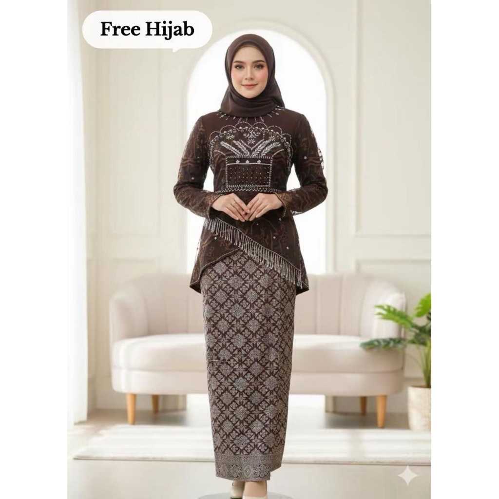 (Free Hijab) Set Kebaya Viral Rumbai Fm - Kebaya Payet Rumbai Terbaru  - Kebaya Payet Rumbai Modern 