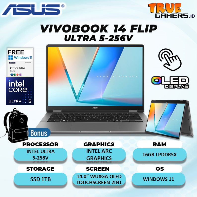 Laptop Asus Vivobook 14 Flip OLED TP3407SA Ultra 7-256V RAM 16GB 1TB Windows 11+Office 14.0" 2K +PEN