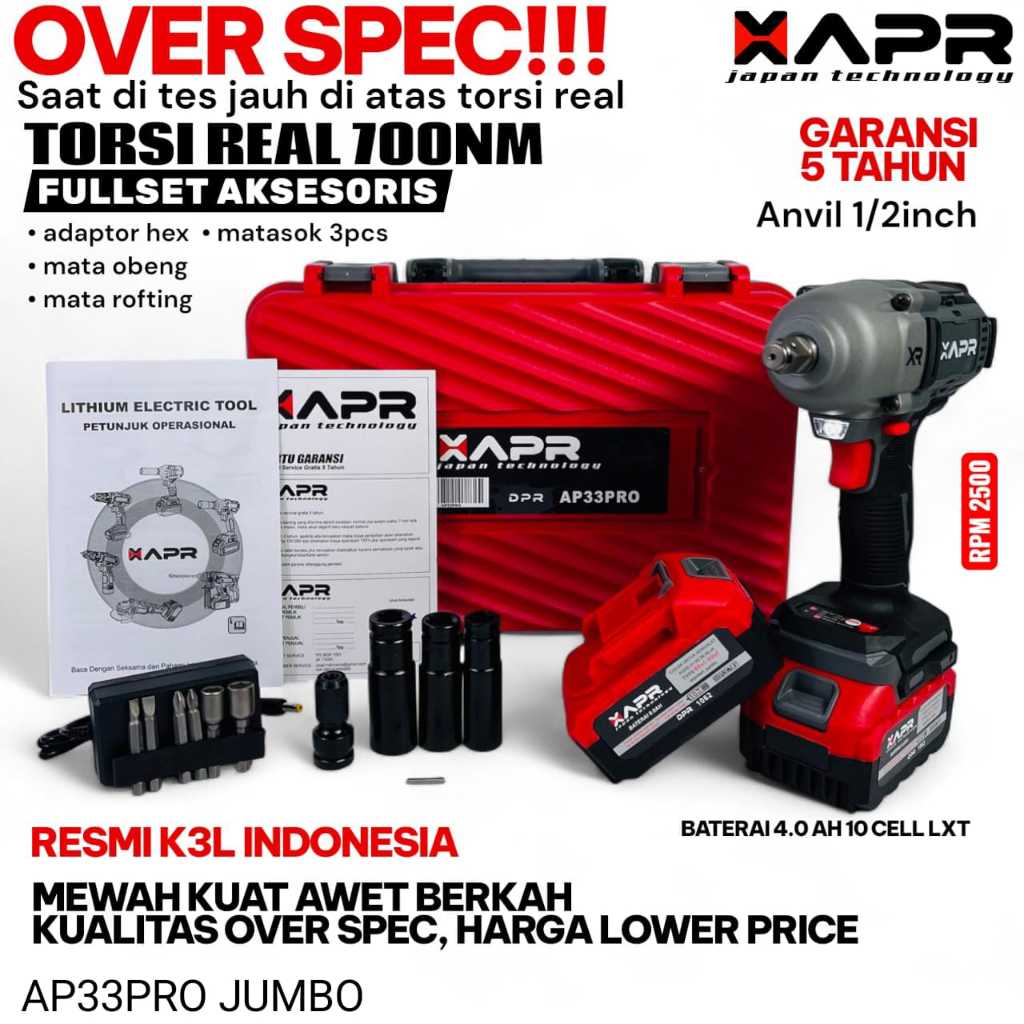 XAPR Mesin Impact Wrench Jumbo AP33Pro 1800nm untuk Mobil Motor & Truk Impact 1 Set Komplit ORIGINAL