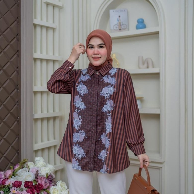 Blouse Printing Premium-Kemeja Lengan Panjang Motif Kembang-Atasan Wanita Elegan