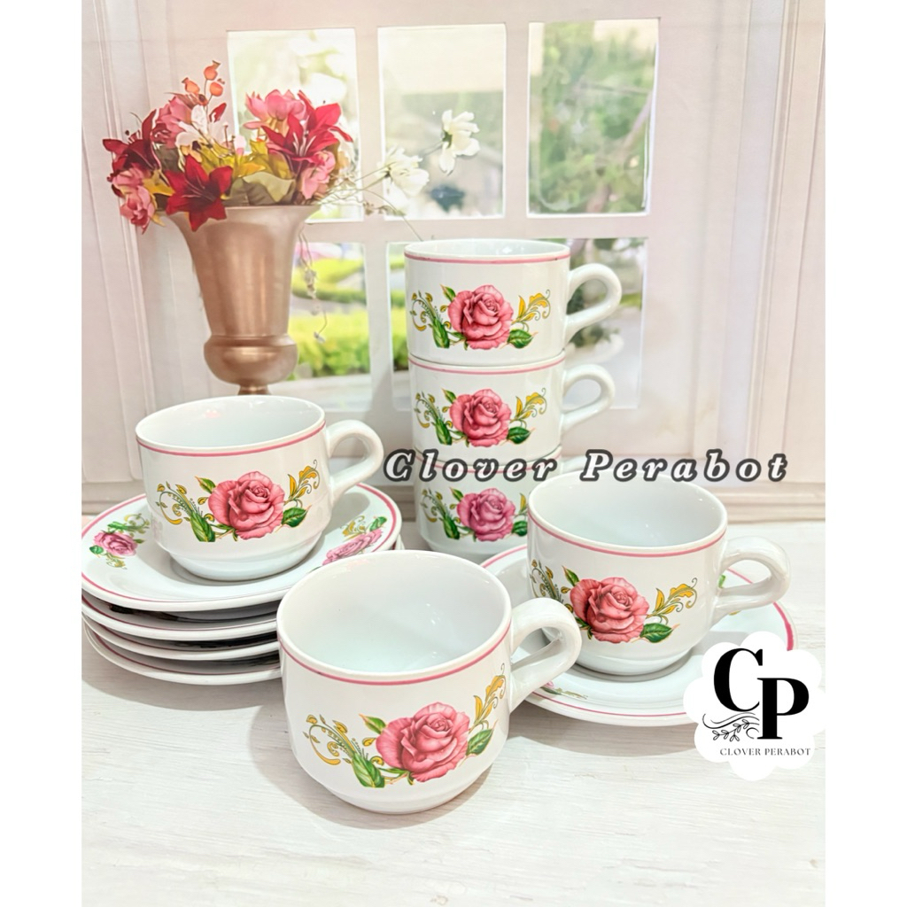 PROMO 1 SET GELAS KERAMIK MAWAR PINK MEWAH ISI(6 GELAS + 6 TATAKAN) MOTIF CANTIK SET GELAS KERAMIK M
