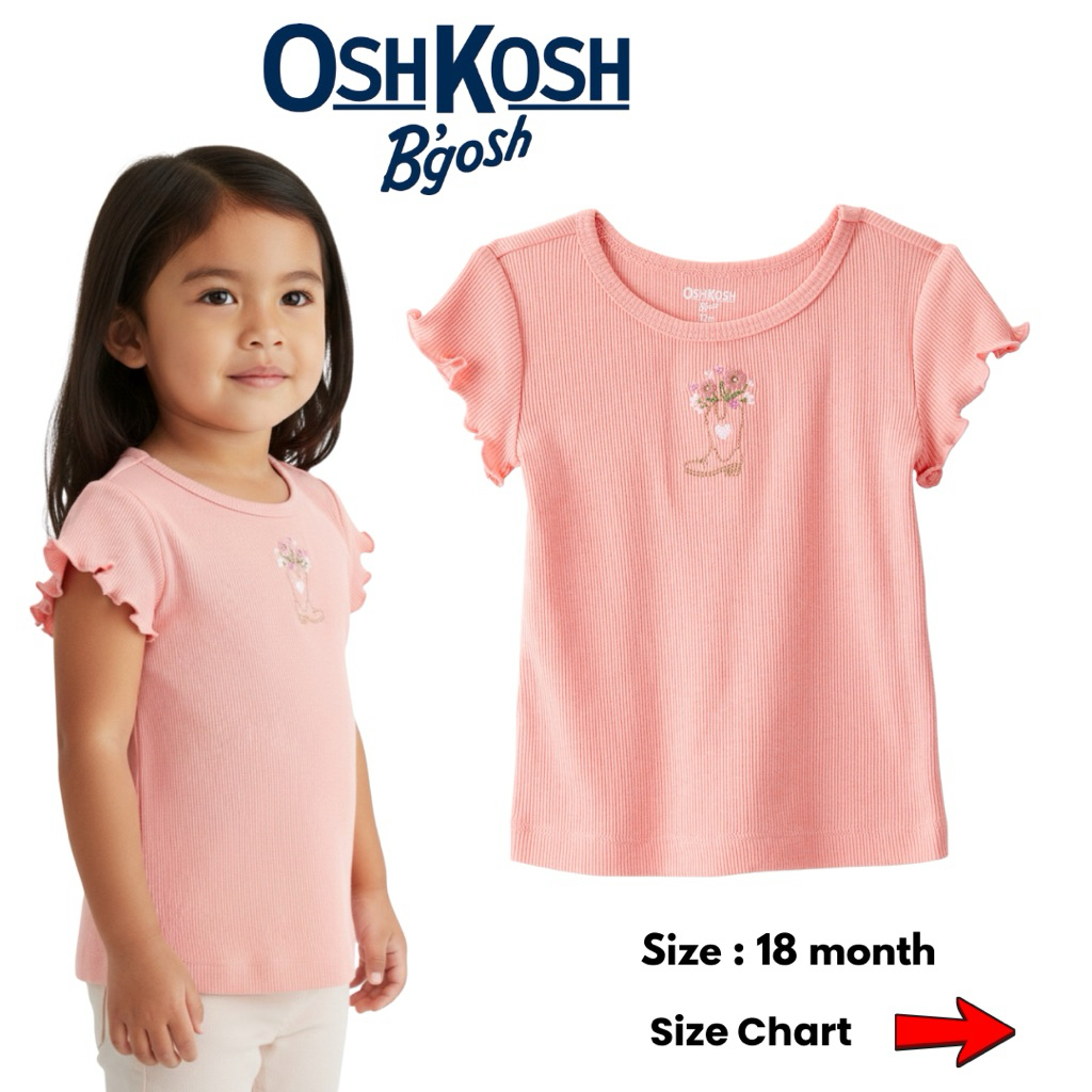 OSHKOSH B’GOSH Baju Kaos Anak Perempuan Lengan Pendek Usia 18 Bulan warna Peach