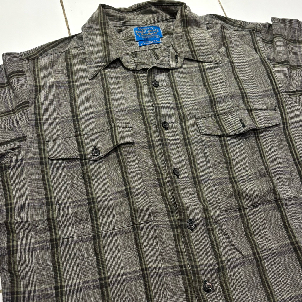 Kemeja Vintage Pendleton Country Traditionals Button Down Short Sleeve Plaid Shirt USA Size L