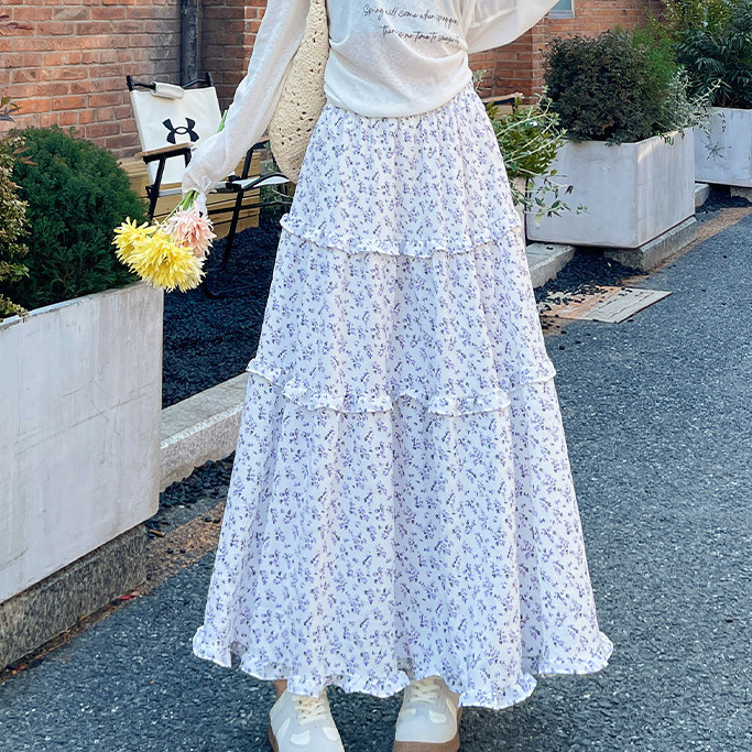 [Saror]Rok Wanita Gaya Korea Baru Retro Biru Bunga Rok Panjang