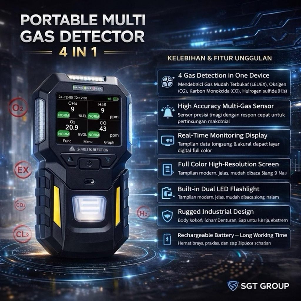 Portable Multi Gas 4in1 Gas Detector Bosean BT-BX402 Multi 4 Alarm Mode (LEL O2 CO H2S)