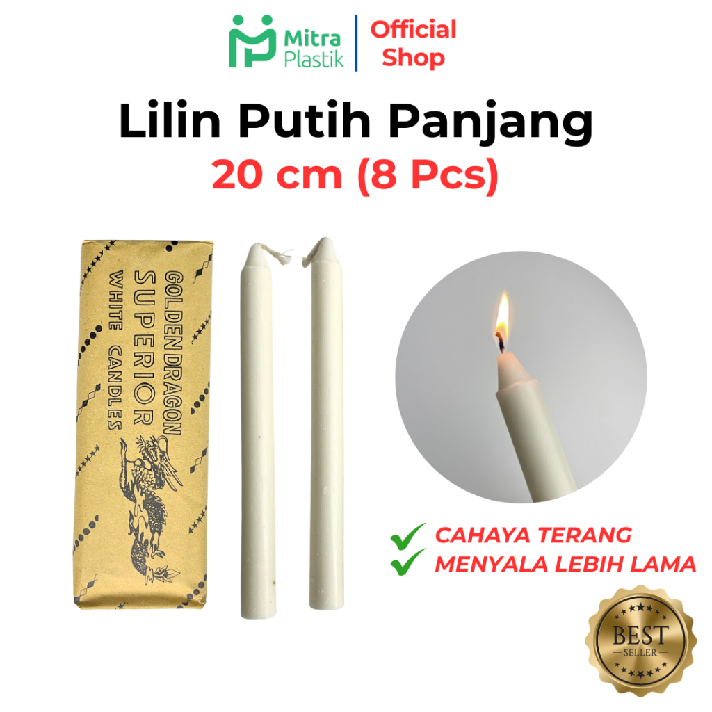 Lilin Putih Panjang 20 cm isi 8 pcs Murah Golden Dragon Polos