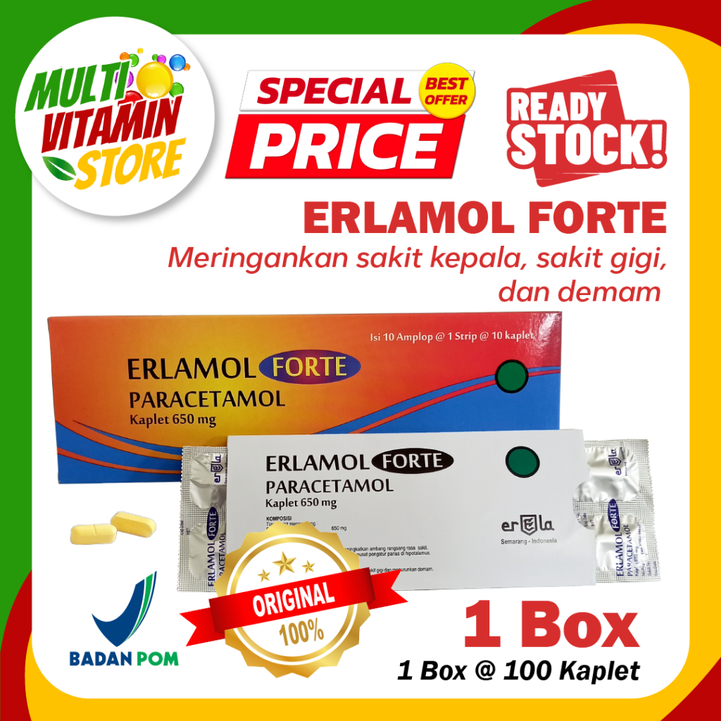 (BISA COD) ERLAMOL FORTE Paracetamol Kaplet 650 mg - 1 Box 100 Kaplet