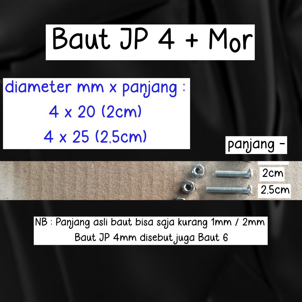 BAUT diameter 4mm JP panjang 2cm dan 2.5cm / 4x20 4x25 4mm x 20mm 4mm x 25mm ( kepala bulat timbul )