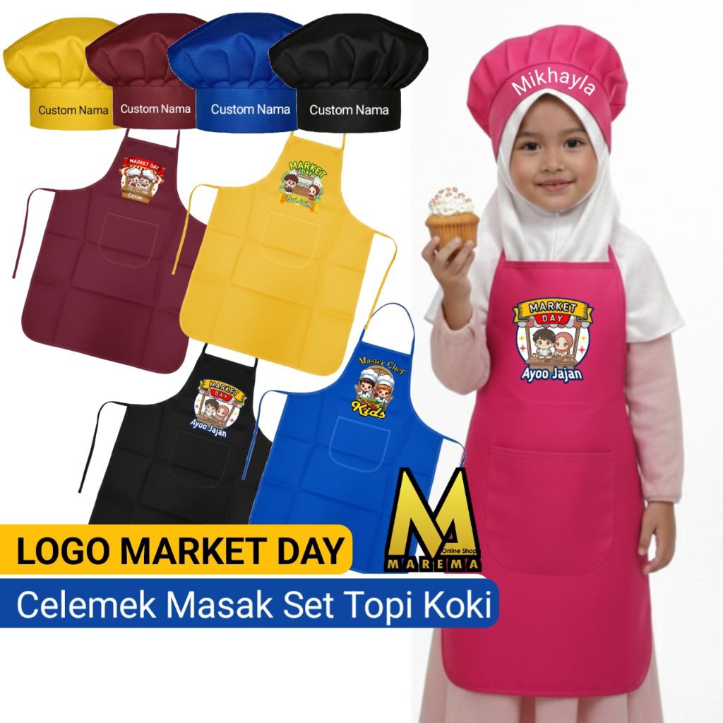 Set Celemek Topi Masak Anak Logo Market Day