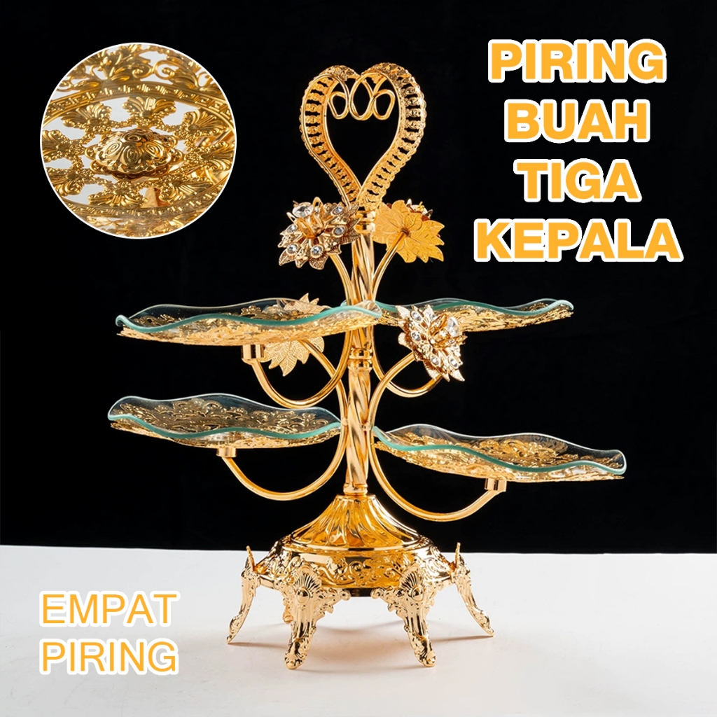 4 Lantai Piring Buah Meja Mewah Emas dengan Desain Hati & Pelat Kaca - 2 Varian Ukuran untuk Acara &